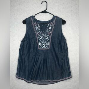 J.Jill Denim Top PM Chambray Lyocell Floral Embroidered Indigo Blue Sleeveless